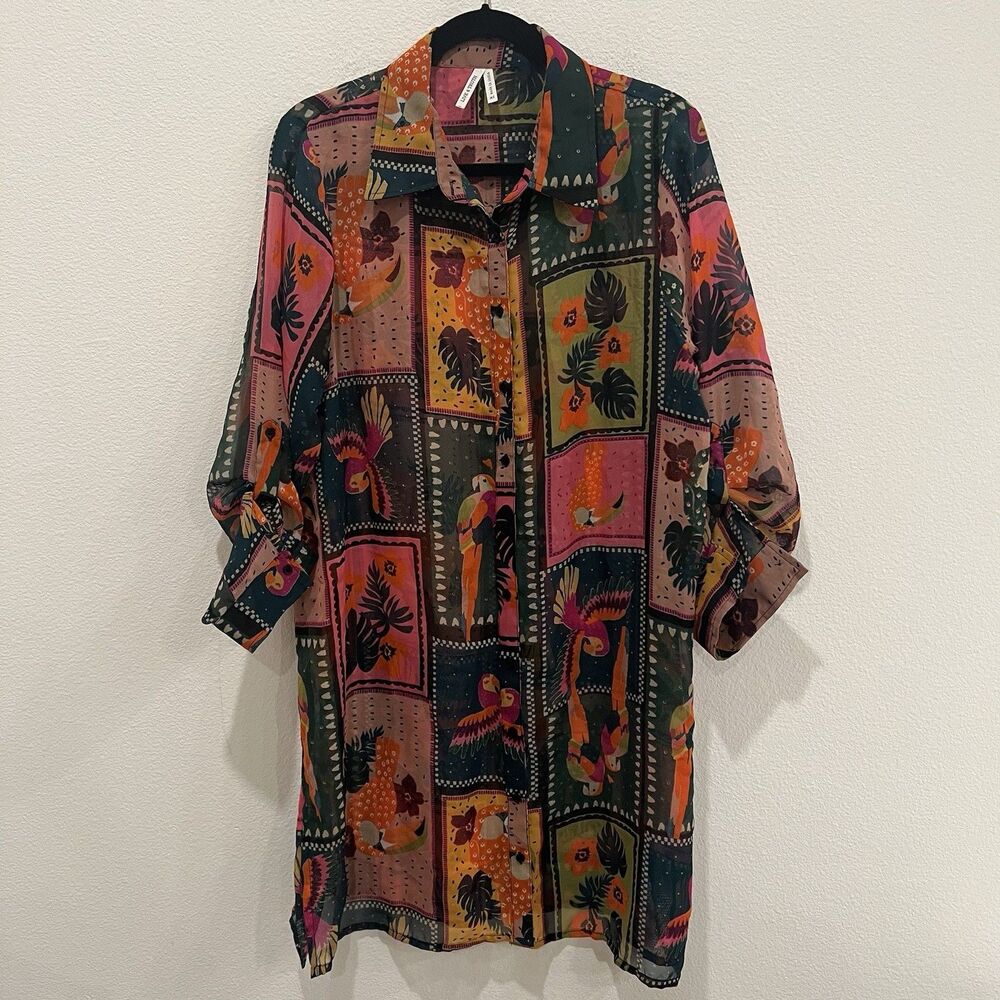 Women’s Tunic Top Cover Up Sheer Colorful Parrots Tropical XL Travel Resort
